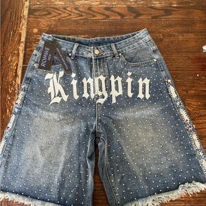 ROMWE Blue Jean Shorts with White Accents